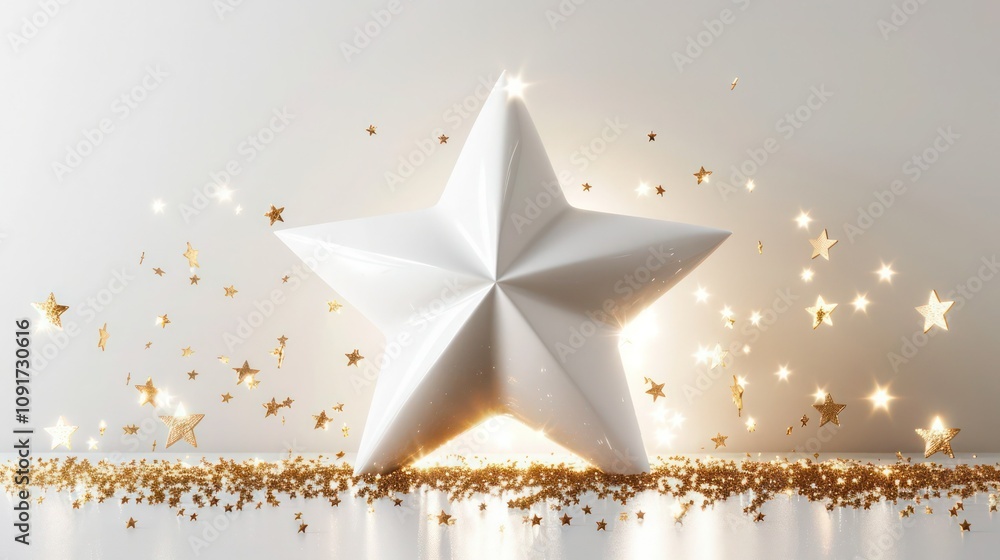 Minimalist design featuring a singular large white star in the center, surrounded by small golden stars on a white background. Minimalist design featuring a singular large white star in the center, surrounded by small golden stars on a white background.