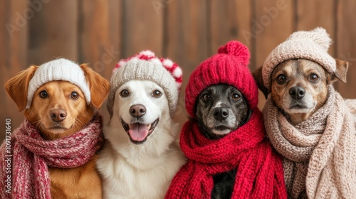 A group of four dogs sit close together, each wearing a colorful hat and scarf set. Their cheerful faces convey a sense of warmth, friendship, and winter fun. photo