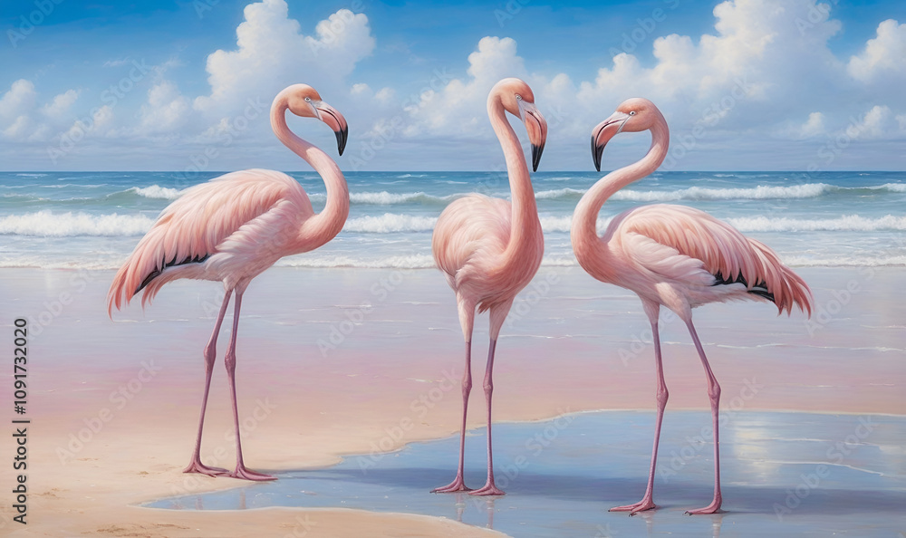 Obraz premium Flamingos on the beach, reflection on wet sand.