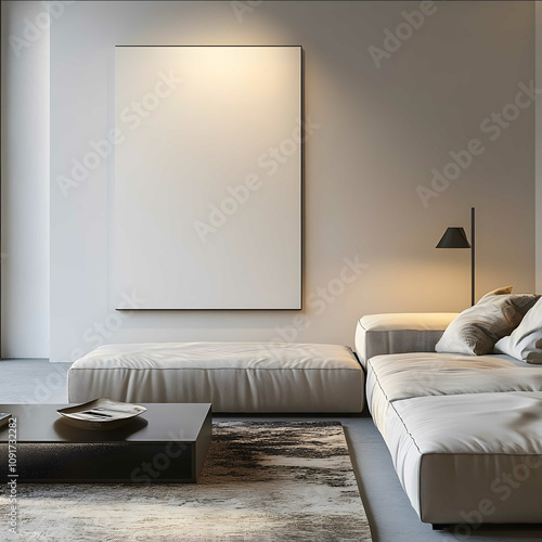 Close up Photo of urban minimalist living room A medium sized blank portrait aspect ratio canvas rests on a sleek media console The space features a modular sofa a mini photo