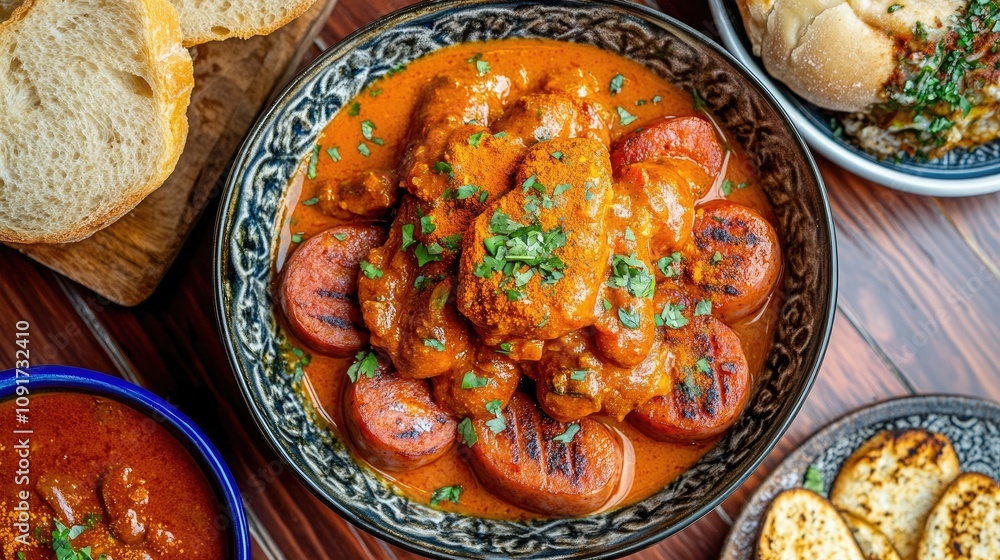 Savory Dish with Grilled Sausages and Bread
