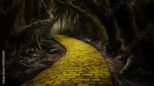 A decrepit and old yellow brick road winds through a dark and mysterious forest. Scary Wizard of Oz concept.