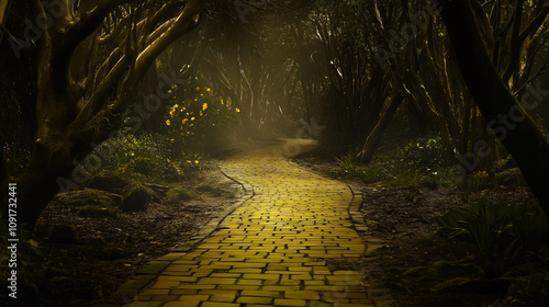 A decrepit and old yellow brick road winds through a dark and mysterious forest. Scary Wizard of Oz concept.
