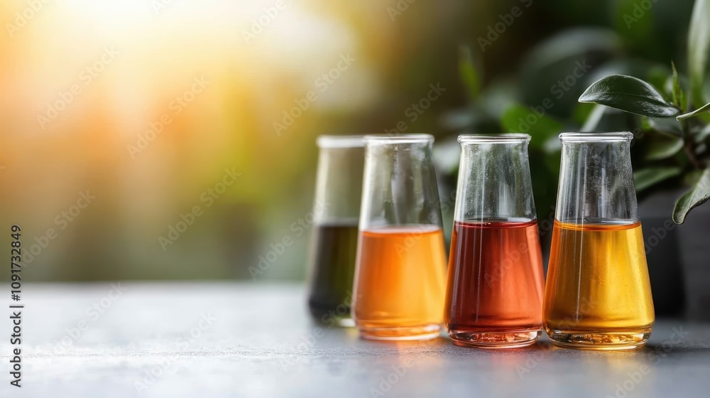 An array of vibrant chemical solutions in transparent glass beakers is displayed, symbolizing creativity and scientific experimentation. An array of vibrant chemical solutions in transparent glass beakers is displayed, symbolizing creativity and scientific experimentation.