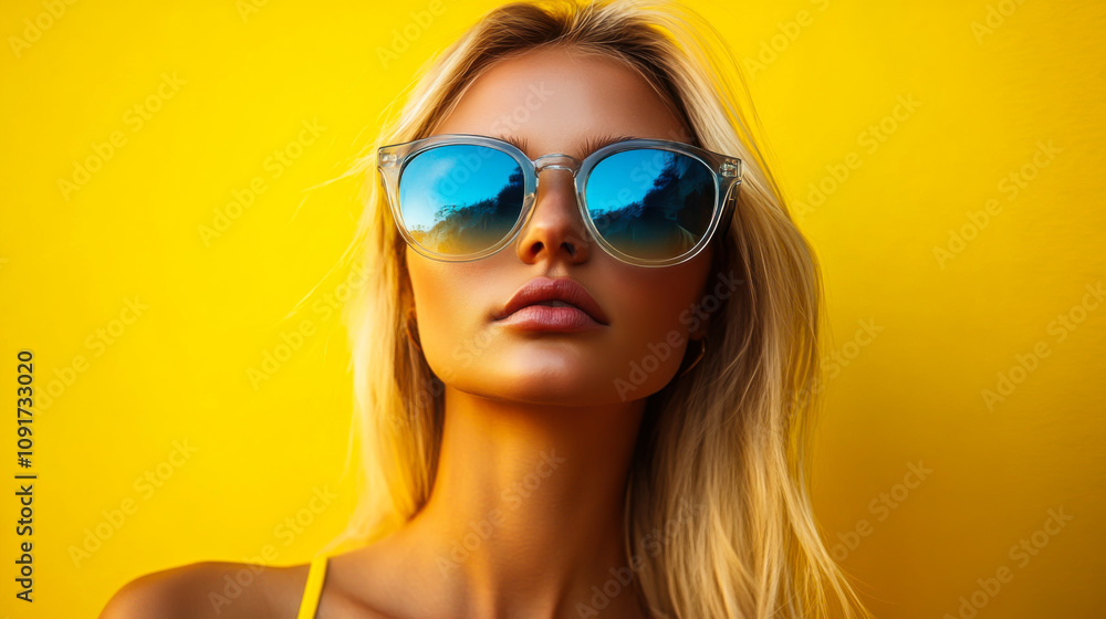 Fototapeta premium Young woman posing confidently in oversized sunglasses against a vibrant yellow background during a sunny day