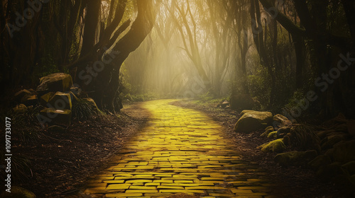 A decrepit and old yellow brick road winds through a dark and mysterious forest. Scary Wizard of Oz concept.
