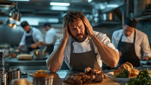 In a busy kitchen environment, a cook looks distressed with hands on his head, surrounded by cooked dishes, while two chefs prepare meals in the background. photo