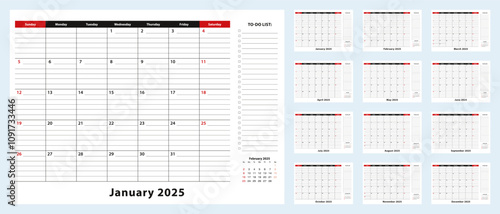 Vector Monthly Desk Pad Calendar, January 2025 - December 2025. Calendar planner with to-do list and place for notes.