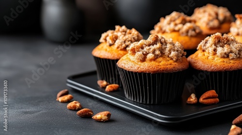 A selection of homemade muffins adorned with a rustic crumb topping, artistically arranged on a black tray, exhibiting the richness and warmth of classic baking. photo