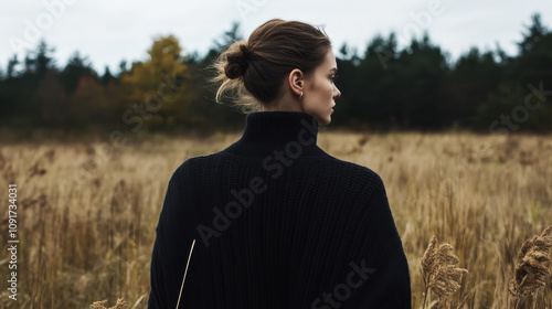 A young woman stands quietly in a golden field, surrounded by autumn foliage, during a serene afternoon
