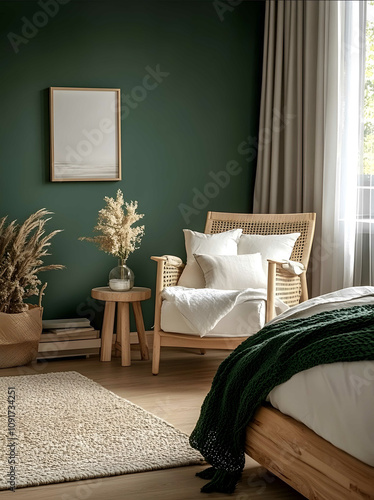 Dark green bedroom with wooden furniture and white accents creating an elegant yet cozy atmosphere for restful sleep The color combination of dark forestgreen walls cre photo