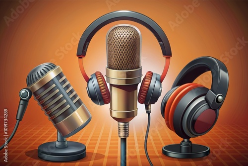 A stylish microphone and headphones set against a vibrant blue background
