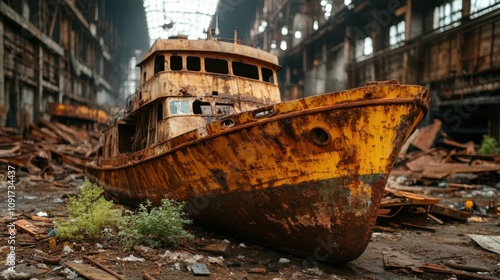 A large abandoned ship is seen rusting inside an expansive industrial hangar, reflecting themes of decay and the remnants of past industrial eras. photo