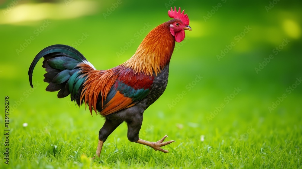 Fototapeta premium Colorful rooster walks confidently across green grass in bright daylight