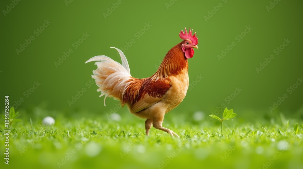 Fototapeta premium Colorful rooster walks confidently across green grass in bright daylight