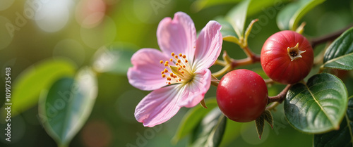 Pink rosehip flower and red berries in garden