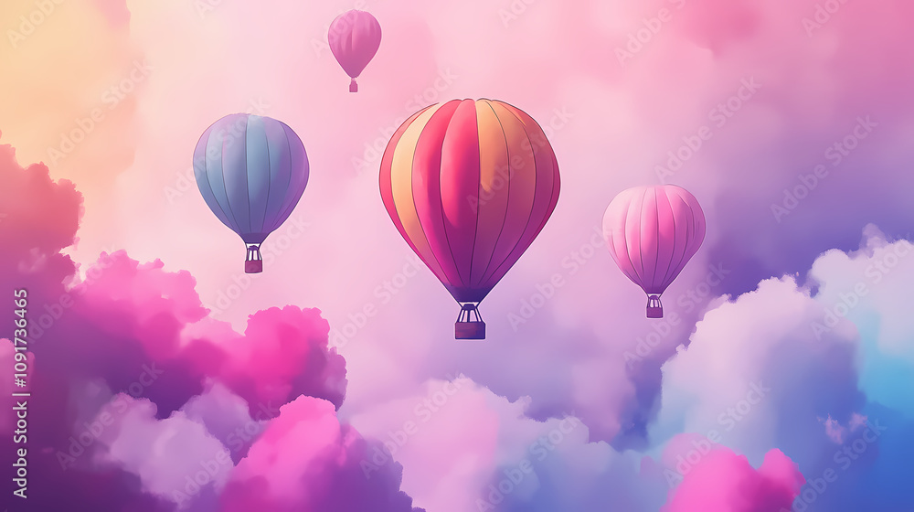 Obraz premium Watercolor colorful hot air balloons. Floating Hot Airships. Illustration