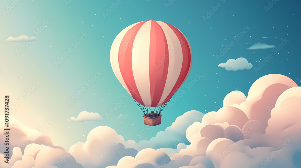 Obraz premium A hot air balloon is floating in the sky above a blue and white background. Floating Hot Airships. Illustration