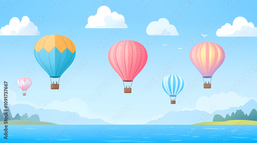 Fototapeta premium A group of colorful hot air balloons floating over a serene body of water beneath a blue sky, dotted with fluffy white clouds. Floating Hot Airships. Illustration