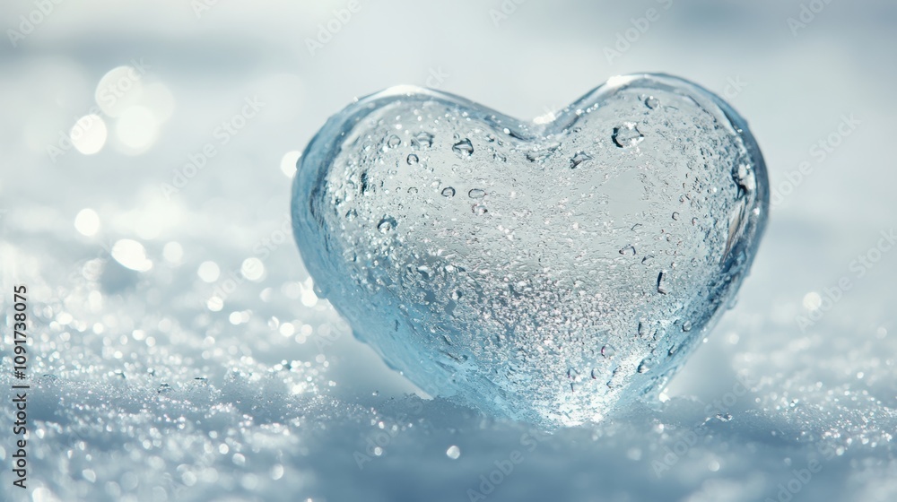 Obraz premium A delicate ice heart with smooth, rounded edges glistening in tiny water droplets. Resting on a frosty white background with subtle icy textures, it exudes a soft, serene coldness.