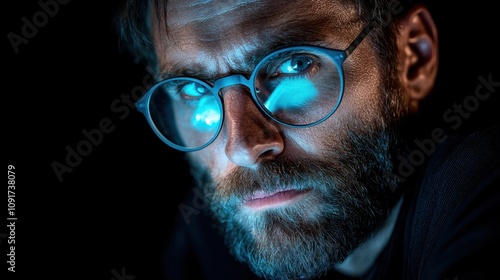 An intense close-up of a man with glasses, glowing blue light reflecting in his eyes, portraying focus and curiosity against a dark, mysterious background. photo