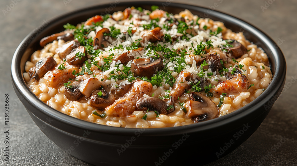 Creamy risotto with mushrooms and fresh herbs served in a black bowl on a rustic backdrop Creamy risotto with mushrooms and fresh herbs served in a black bowl on a rustic backdrop