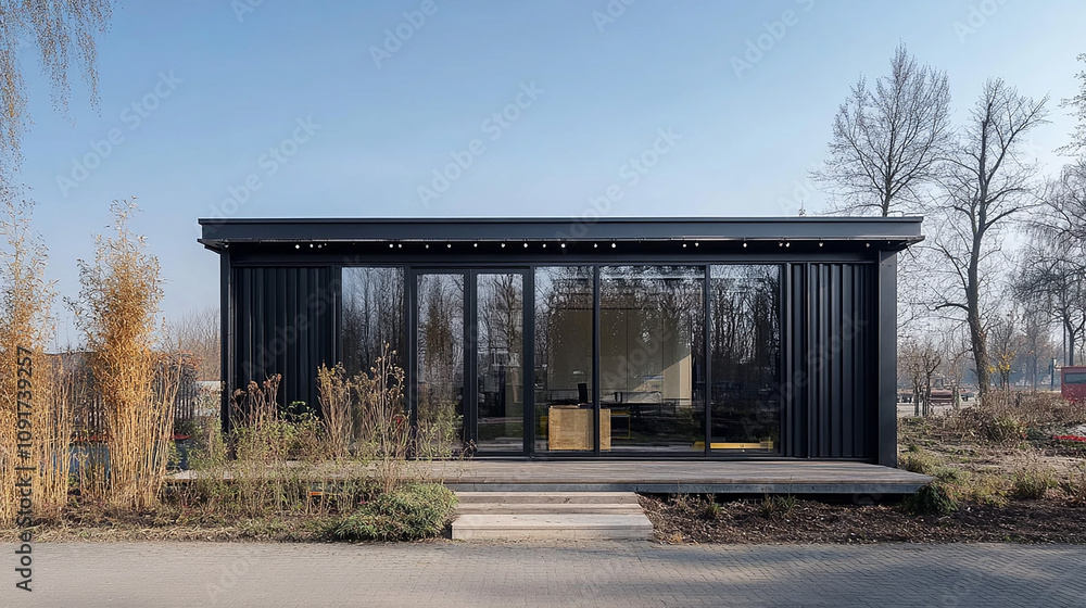 Building Industrial Warehouse Factory Background, Architecture Wall Pattern Design of Geometric Black Modern Aluminum Rooftop Structure against Blue Sky in Minimal Style and Perspective Low angle view Building Industrial Warehouse Factory Background, Architecture Wall Pattern Design of Geometric Black Modern Aluminum Rooftop Structure against Blue Sky in Minimal Style and Perspective Low angle view