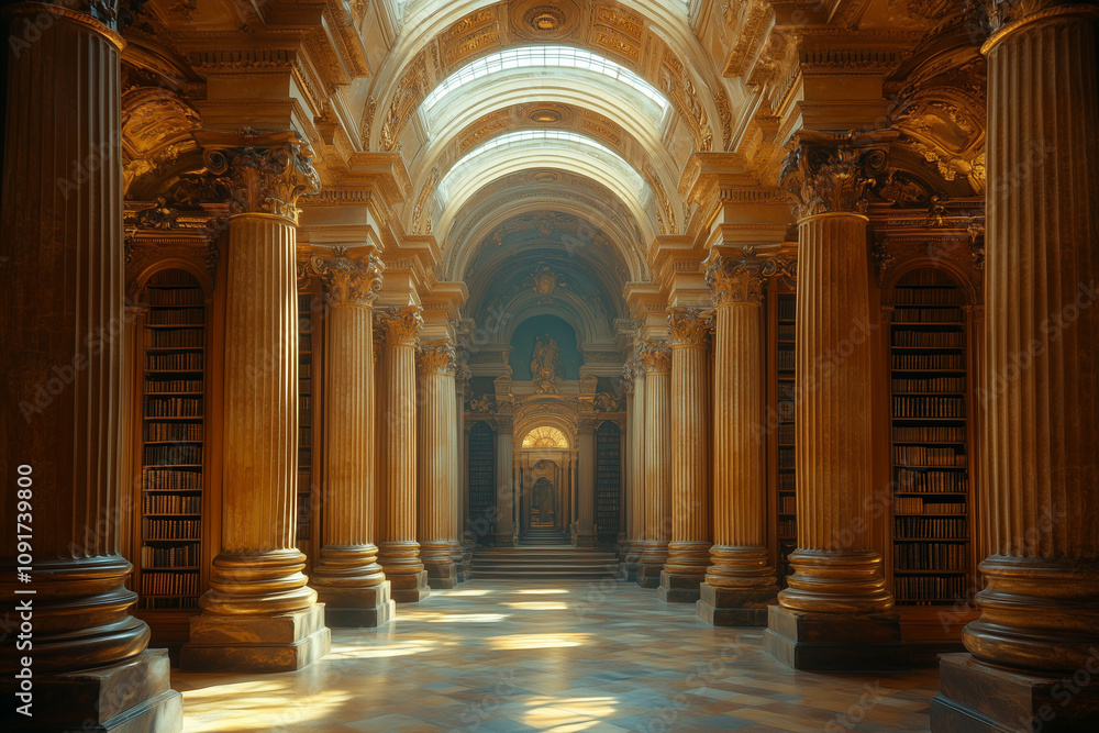 Fototapeta premium An old library with grand columns and intricate stonework