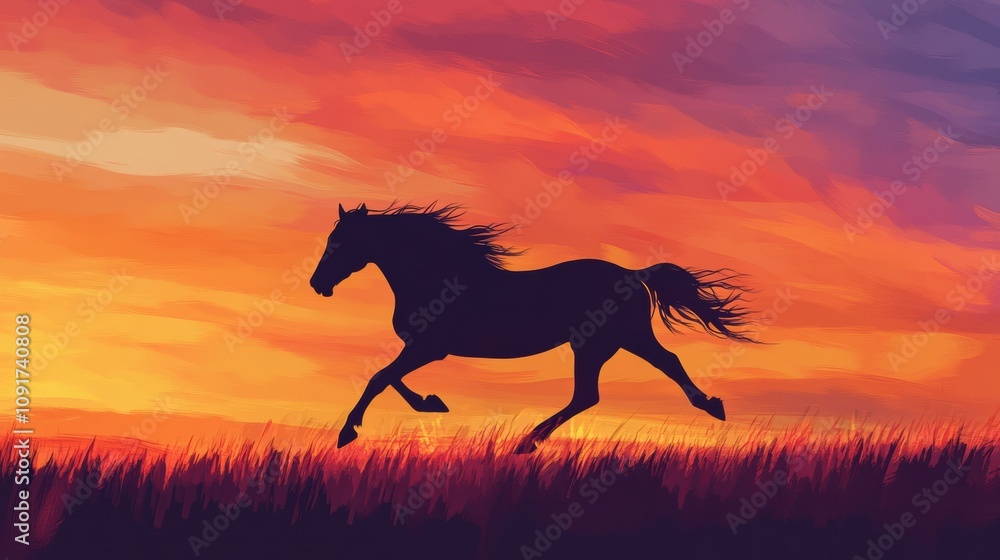 A horse runs freely against a backdrop of a stunning sunset, with warm hues filling the sky and golden grass swaying gently in the breeze. Generative AI A horse runs freely against a backdrop of a stunning sunset, with warm hues filling the sky and golden grass swaying gently in the breeze. Generative AI
