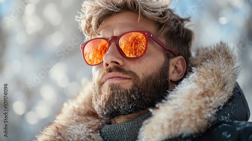 A man wearing a fur-lined coat and snow-covered glasses gazes outwardly, exuding a sense of warmth and adventure amidst a serene winter landscape. photo