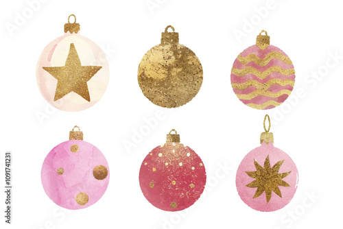 Golden glitter shiny christmas tree decorations, gold bables and balls