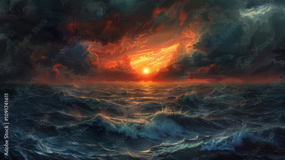 Fototapeta premium Dramatic Sunset Over Stormy Ocean Waves with Intense Cloudscape and Orange Glow