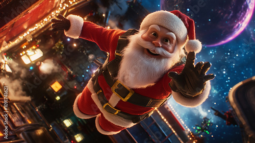 3D realistic full body image of a friendly, happy, and cute furry extraterrestrial Santa Claus hanging like a spy from a second floor balcony. Futuristic modern city background with planet galaxy. photo