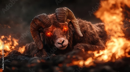 A fierce ram with glowing red eyes rests sovereignly amidst vivid flames, embodying power, intensity, and resilience, reminiscent of mythical or fantasy artwork. photo