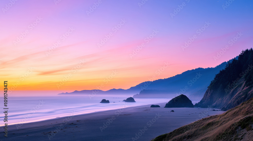 Fototapeta premium Sunset over a serene coastal landscape with vibrant hues and gentle waves, AI