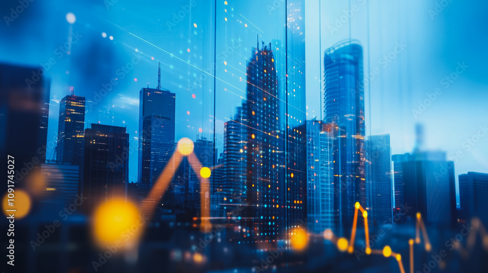 Obraz premium Smart digital Innovation Business skyscrapers in the Financial District with connection network reciprocity over the cityscape. of future smart wireless digital city and social media networking