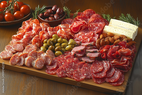 Beautifully arranged charcuterie board featuring cured meats, cheeses, nuts, and olives for a delightful gathering photo