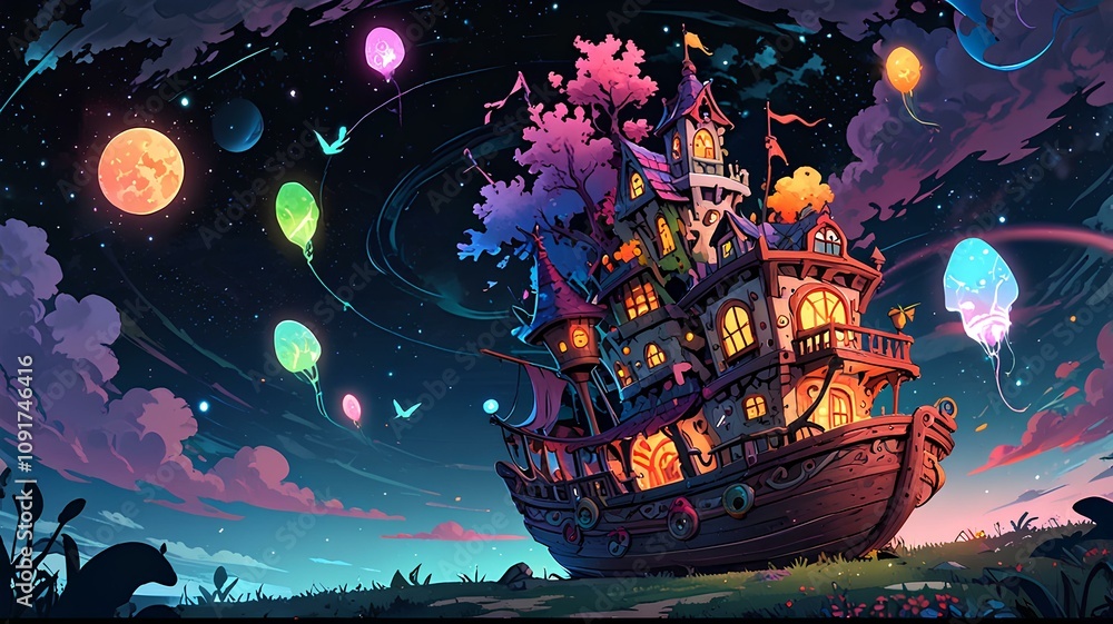 Obraz premium A vibrant ship adorned with colorful balloons soaring through a bright blue sky.