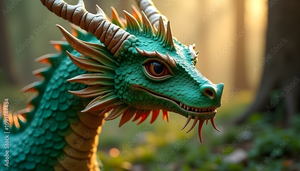 Obraz premium Fantasy Dragon Mythological Green Reptile with Horns Lizard Features Mystique of Dinosaurs and Mythology