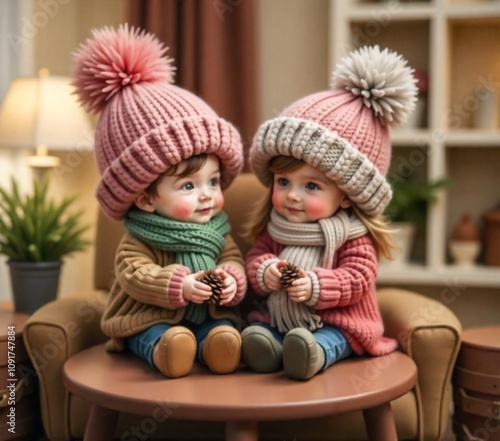 two small children in knitted hats, scarves and sweaters sit on a wooden chair and hold fir cones in their hands
