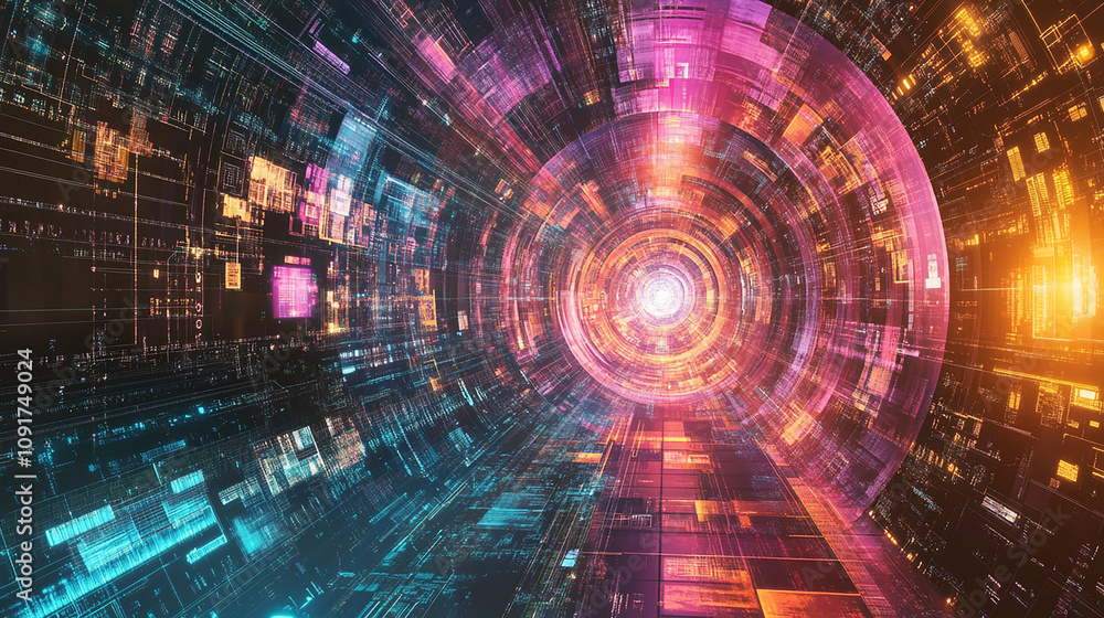 Fototapeta premium Illustration of a machine learning process featuring artificial intelligence, deep data mining, and machine learning as components of modern computer technology concepts, portrayed in a 3D rendering