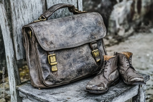 A vintage leather satchel with brass buckles, resting on an old wooden chair next to a worn pair of boots. photo