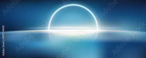 Dark blue gradient studio background. Abstract pattern. White light luxurious shine. Walls and floor of room sparkling, flat metal, with deep curves and dimensions. cool tone, feeling water.