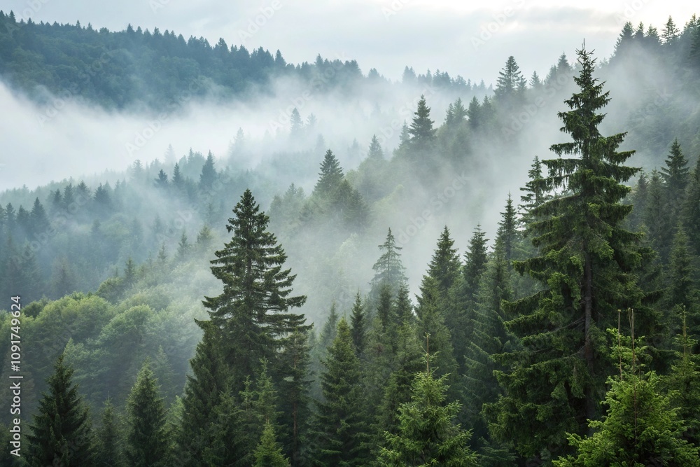 Fototapeta premium Dense fir forest with misty fog covering the landscape, atmospheric photography, serene environment, retro atmosphere, misty mountains