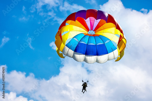 Paragliding using a parachute on background of blue cloudy sky. photo