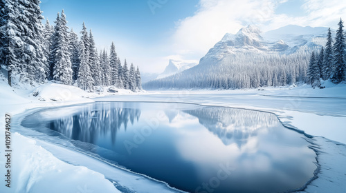 Pristine Frozen Lake with Snowy Pine Forest and Mountains - Winter Tranquility