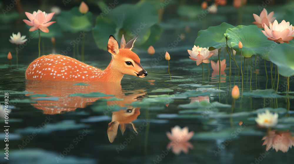 Harmony of Nature: The Chinese Water Deer by a Serene Lake with Lotus Flowers Harmony of Nature: The Chinese Water Deer by a Serene Lake with Lotus Flowers