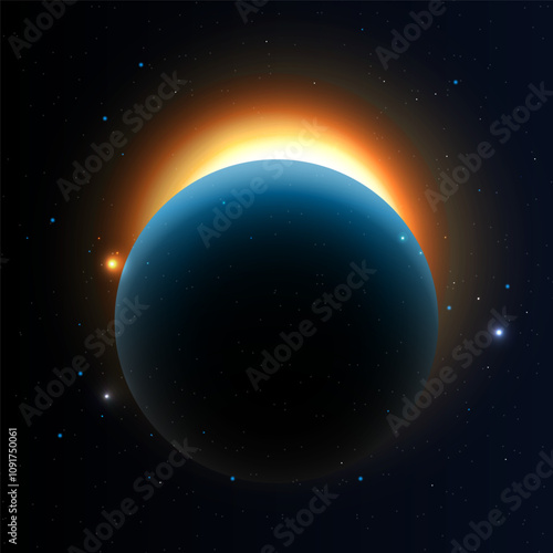 Planet eclipse in the dark sky with stars. Moon or earth planetary sunrise. Space and astronomy background. Vector EPS 10