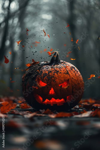 Halloween Pumpkin with glowing eyes on dark background