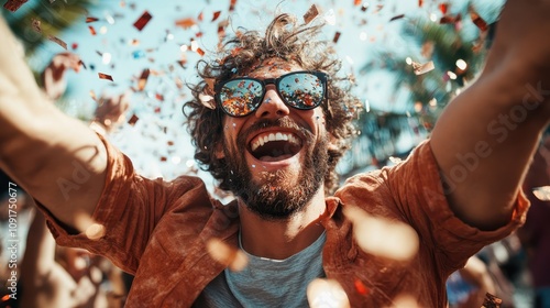 A bearded man in sunglasses euphorically enjoying a confetti-filled outdoor celebration, layered with laughter, freedom, and a sense of community spirit. photo